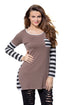 Sexy Coffee Striped Patchwork Insert Long Sleeve Blouse Top